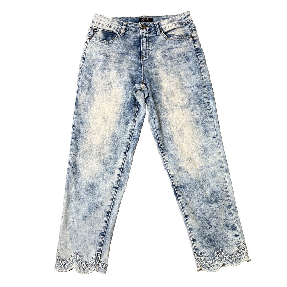 Earl Jean‎ Womens Cropped Jeans Size 8 Acid Wash Stretch Embroidered Scallop Hem